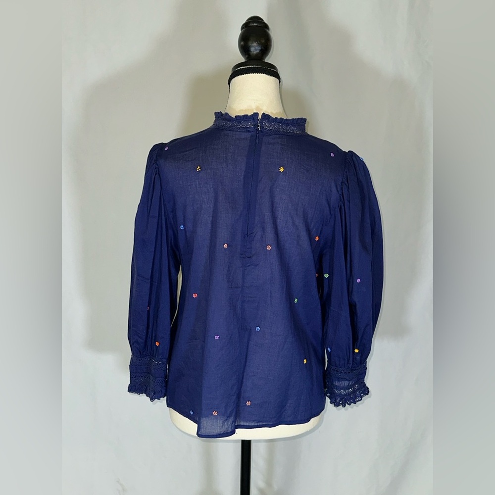 Farm Rio Embroidered Beaded Flowers Blouse With Puff Sleeves Women’s Size Lg - Picture 6 of 12